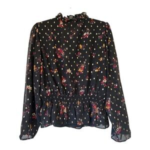 Vince‎ Camuto Large Black Semi Sheer Smocked Lined Tie Ruffled Floral Blouse